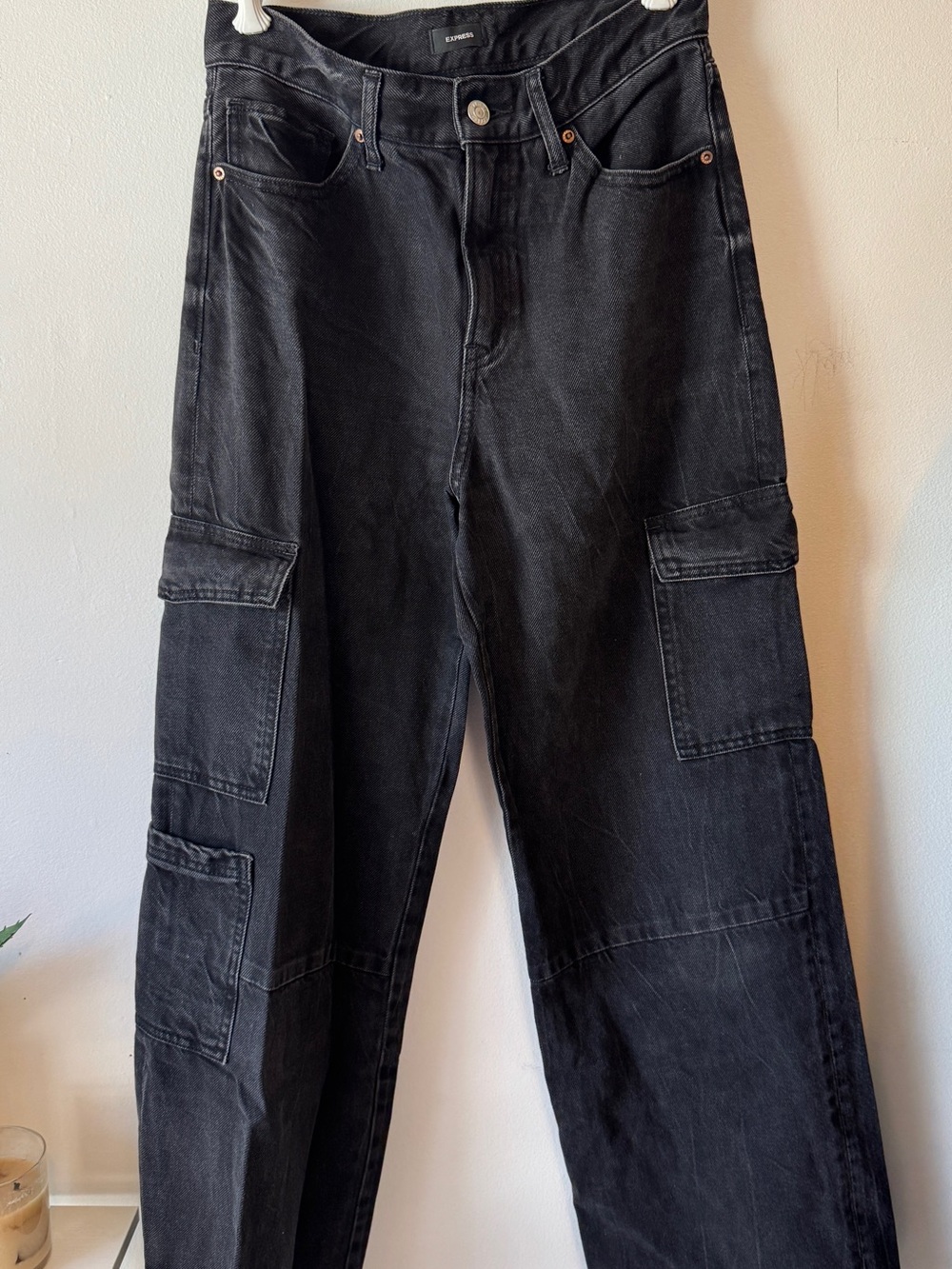 Express High Rise Wide Leg Black Cargo Jeans